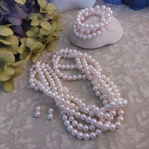 5 Stand Pink Pearls Bracelet Earrings Set